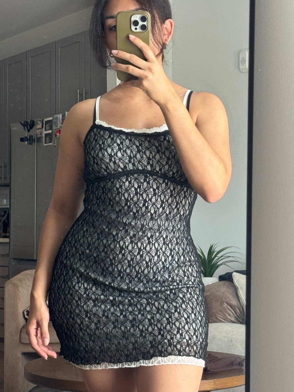 Black Lace Mini Dress with White Trim Wild Fable